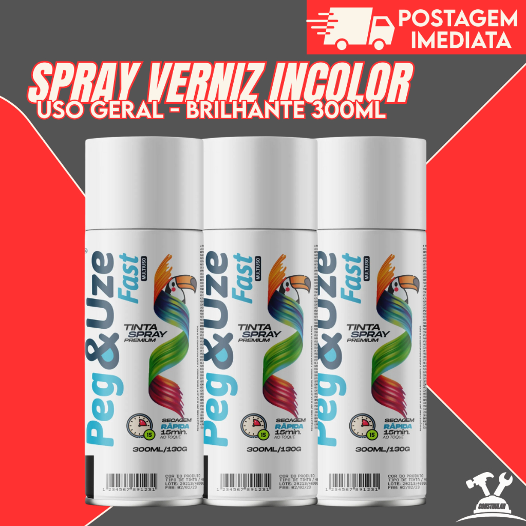Tinta Spray Verniz Incolor Brilhante 350ml – Secagem Rápida, Uso Geral e Brilho em Bijuterias