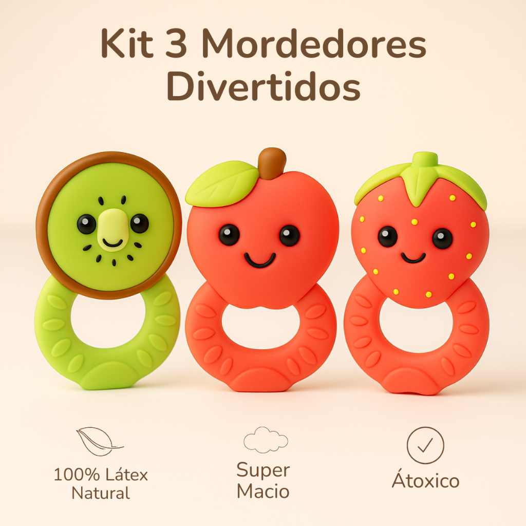 Kit 3 Mordedores Bebê 100% Natural Super Macio Látex Alivio Gengiva Menino Menina Dentição Presente Frutinha Textoy