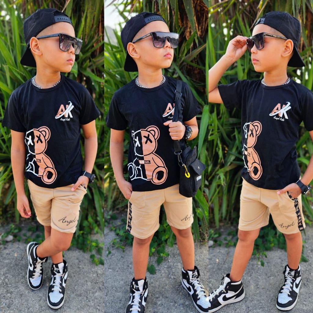 Conjunto masculino estiloso de menino veste do 2 ao 16 camisa de malha e bermuda de moletinho