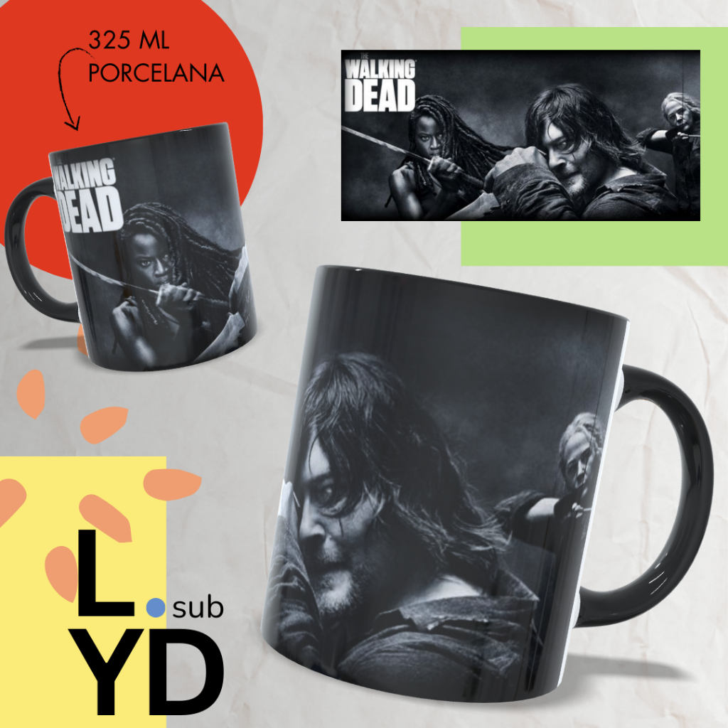 Caneca Porcelana The Walking Dead Alça e Interior Preto Xícara Porcelana Serie TWD Presente