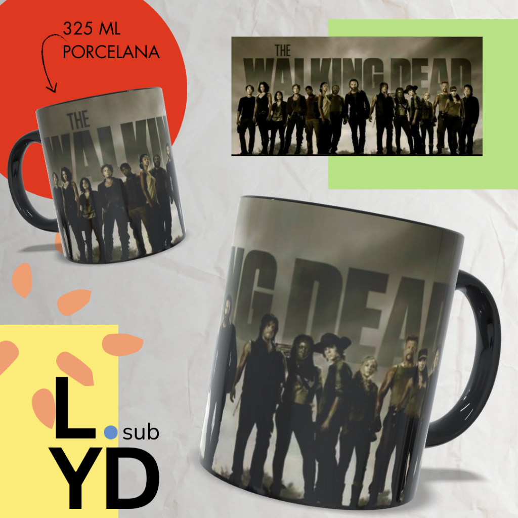 Caneca Porcelana The Walking Dead Personalizada Alça e Interior Preto Xícara TWD Serie Porcelana