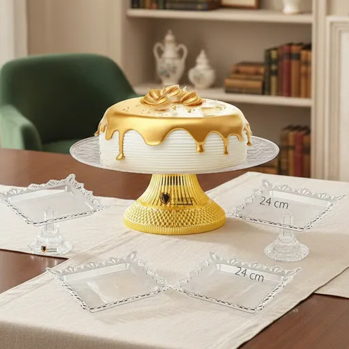 Kit 1 Boleira  Dourada 30 Cm , 2  Bandejas  com base , 2 Bandejas sem base, Decoração dourado, Festa Dourada