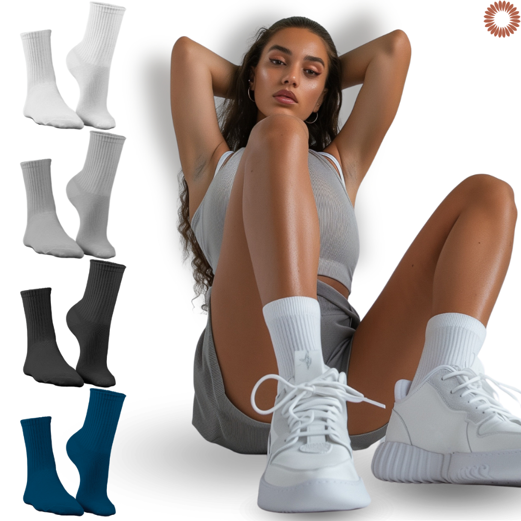 Kit Até 12 Pares Meia Feminina Cano Medio Alto Em Cores Sortidas Tecido Respiravel E Confortavel