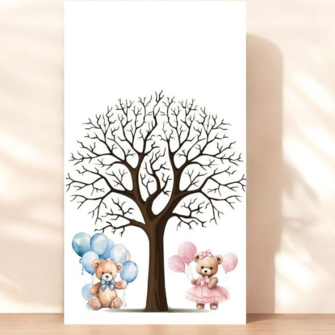 Quadro Decorativo Recepção chá revelação Árvore Digitais Assinaturas Personalizado Menina ou Menino Ursinho balão