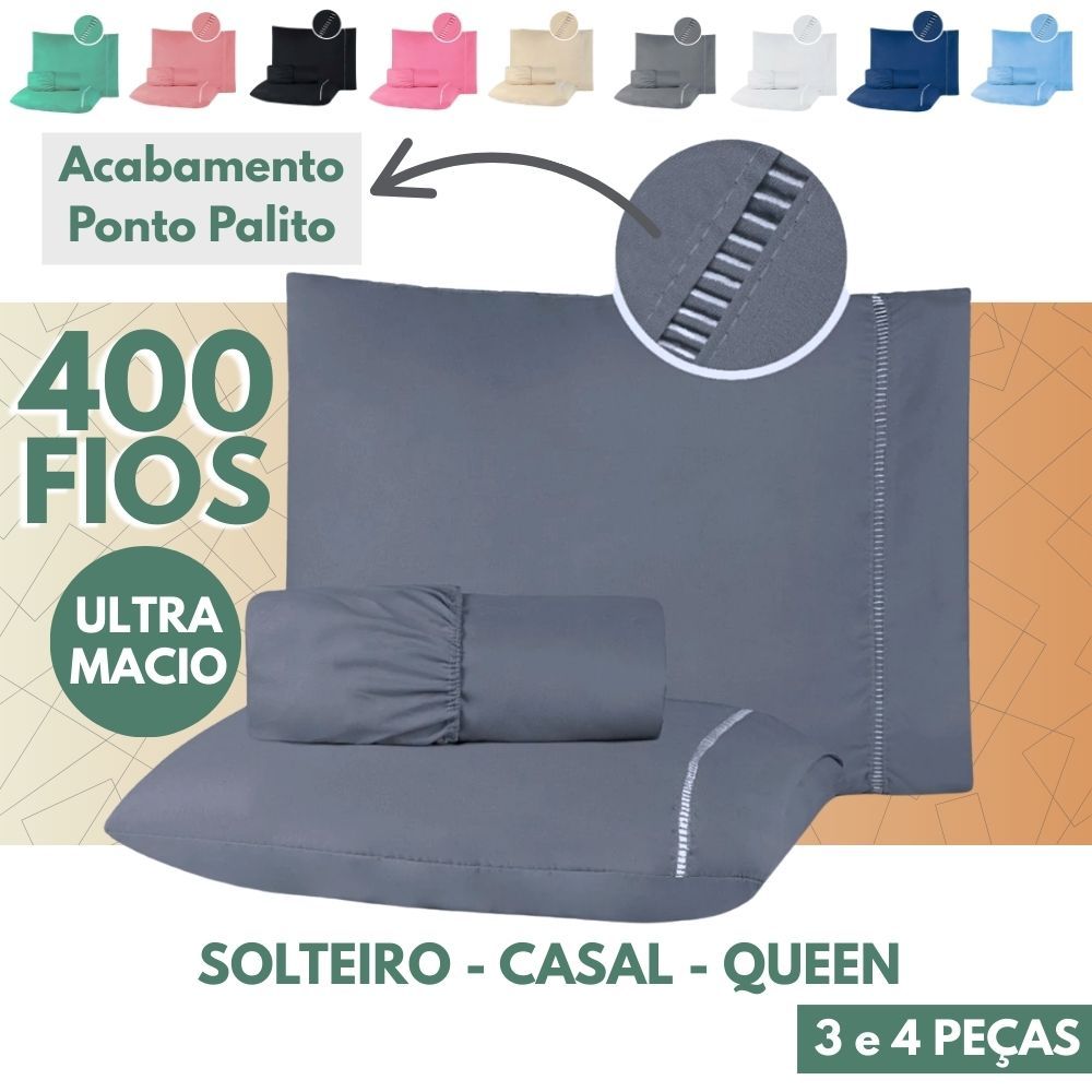 Jogo de Lençol 400 Fios Micropercal Acetinado  - Kit 04 Peças com Elástico - Solteiro, Casal e Queen