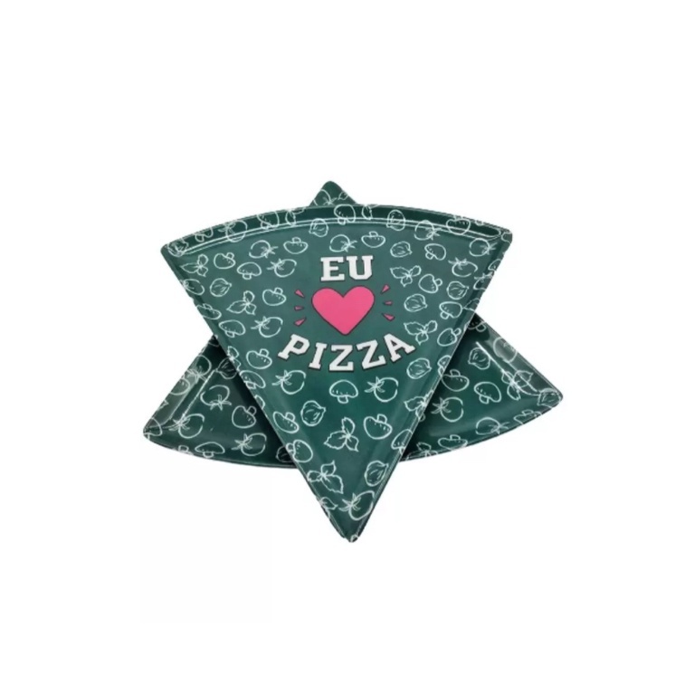 Kit 06 Prato Para Pizza Triangular Formato De Pizza Com Frase Eu Amo Pizza 22x22 Em Melamina Cor Verde Musgo