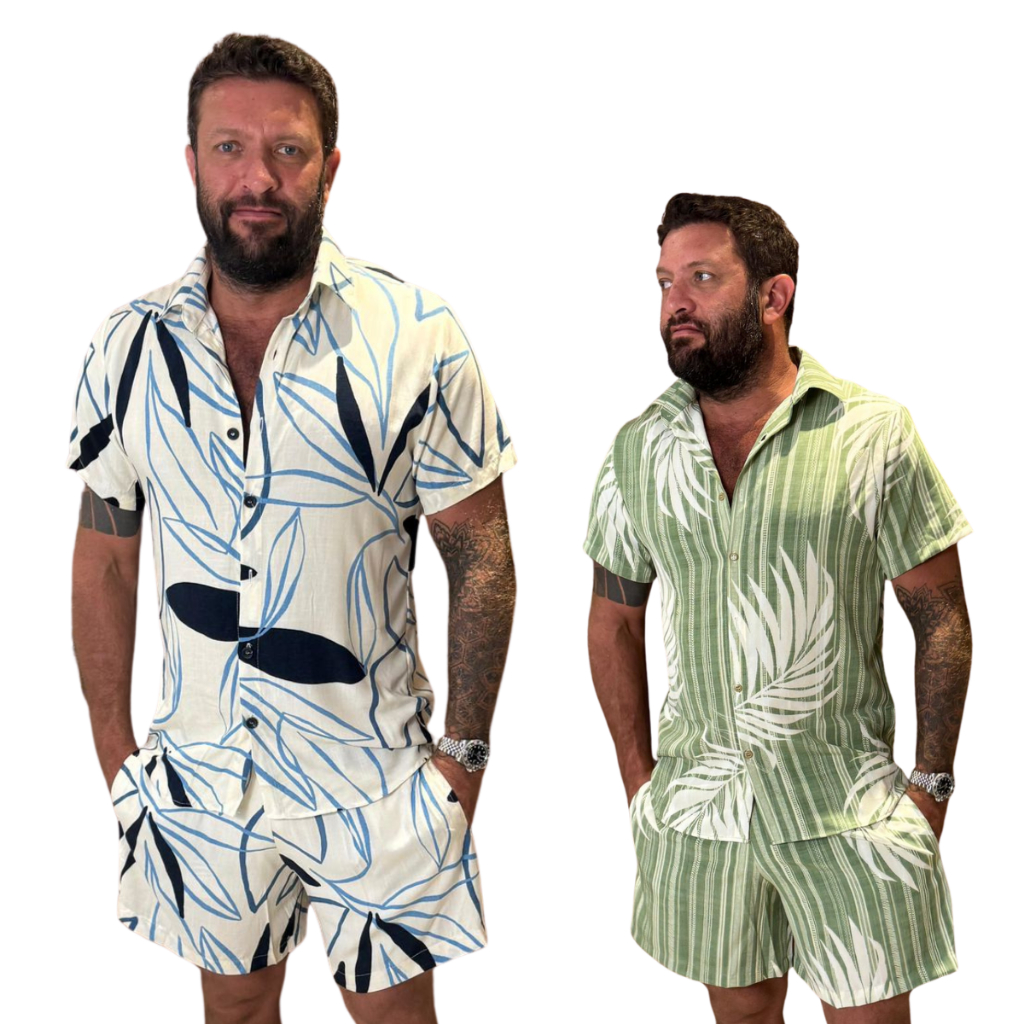 Conjunto Masculino Adulto Camisa e Short VERDE E AZUL Estampado Viscolinho Casual Slim Fit P,M,G