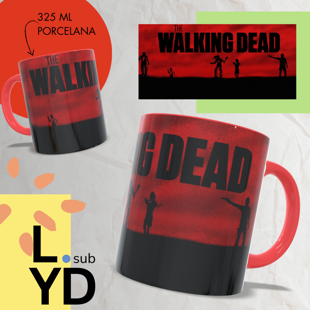 Caneca Porcelana The Walking Dead Personalizada Alça e Interior Vermelho Xícara Porcelana Serie TWD