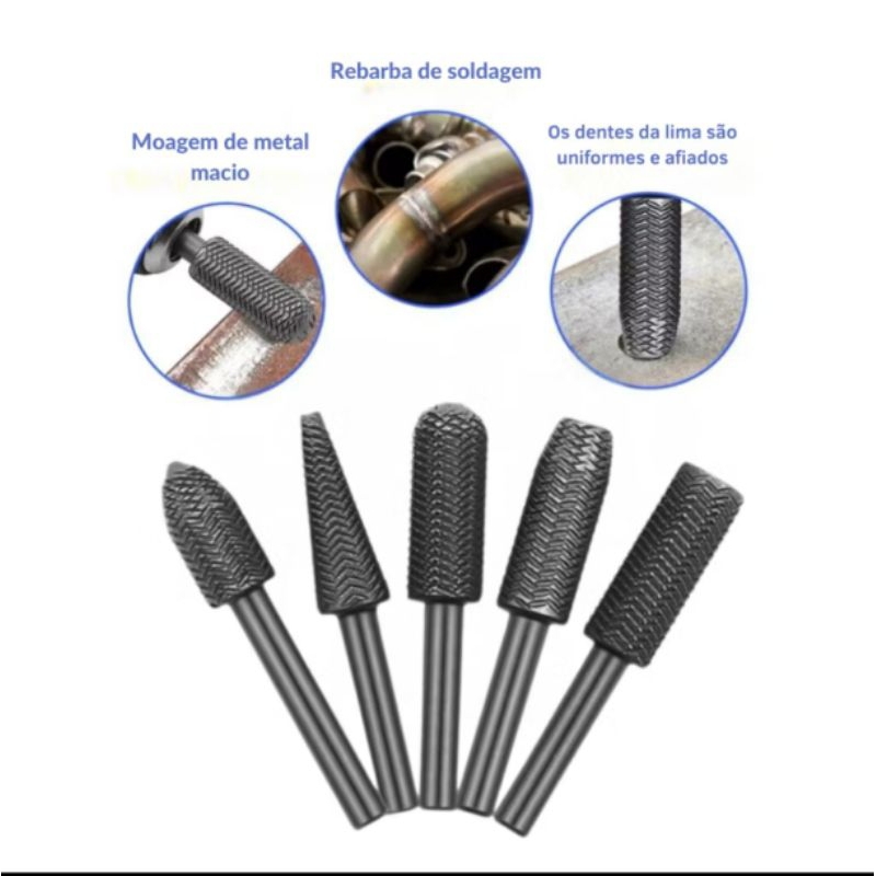 Kit 5 Lima Rotativa Fresa para Retifica Aço Ferro Metais Debaste de Rebarbas Haste 1/4" Furadeira 250305