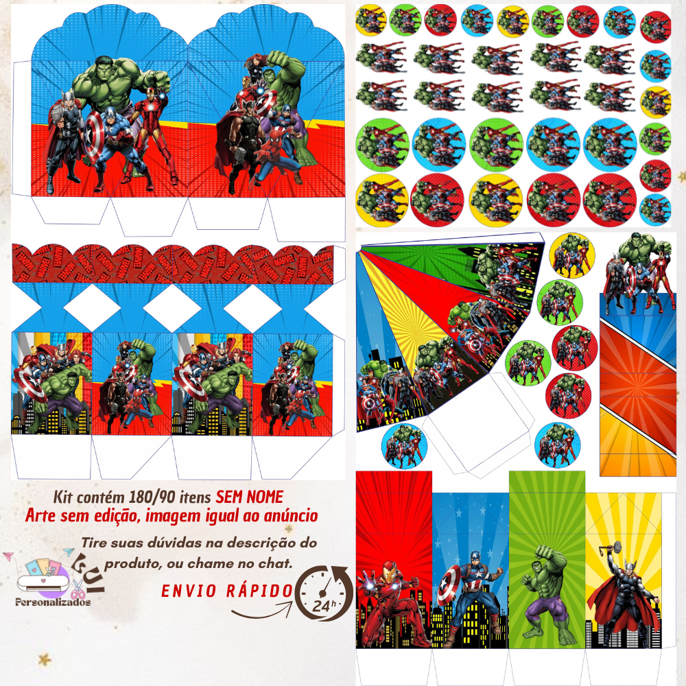KIT COM 180/90 ITENS LEMBRANCINHAS S/COM NOME TEMA:VINGADORES (Envio Rápido) em Oferta na Shopee