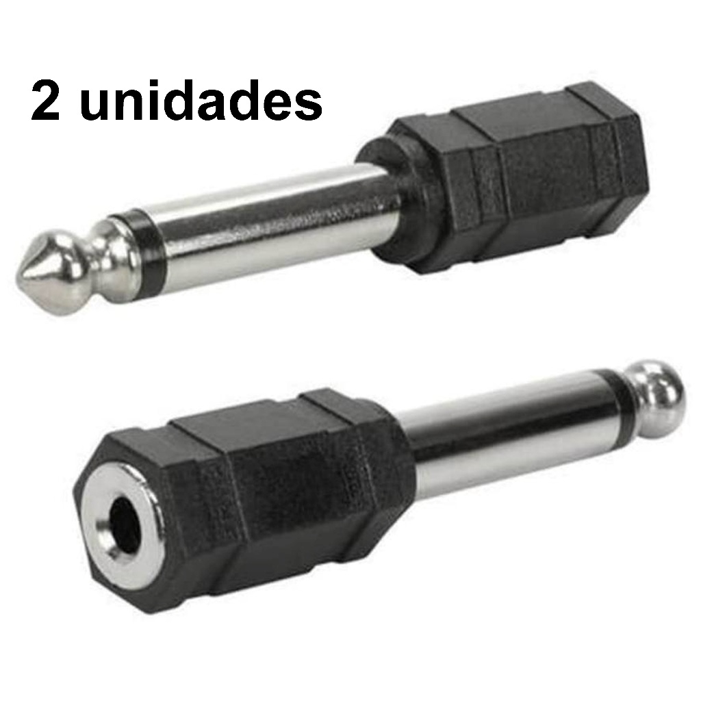 Kit 2x Plug Adaptador P10 Macho x P2 Fêmea Mono Jack Áudio Microfone Fone Amplificador Caixa de Som