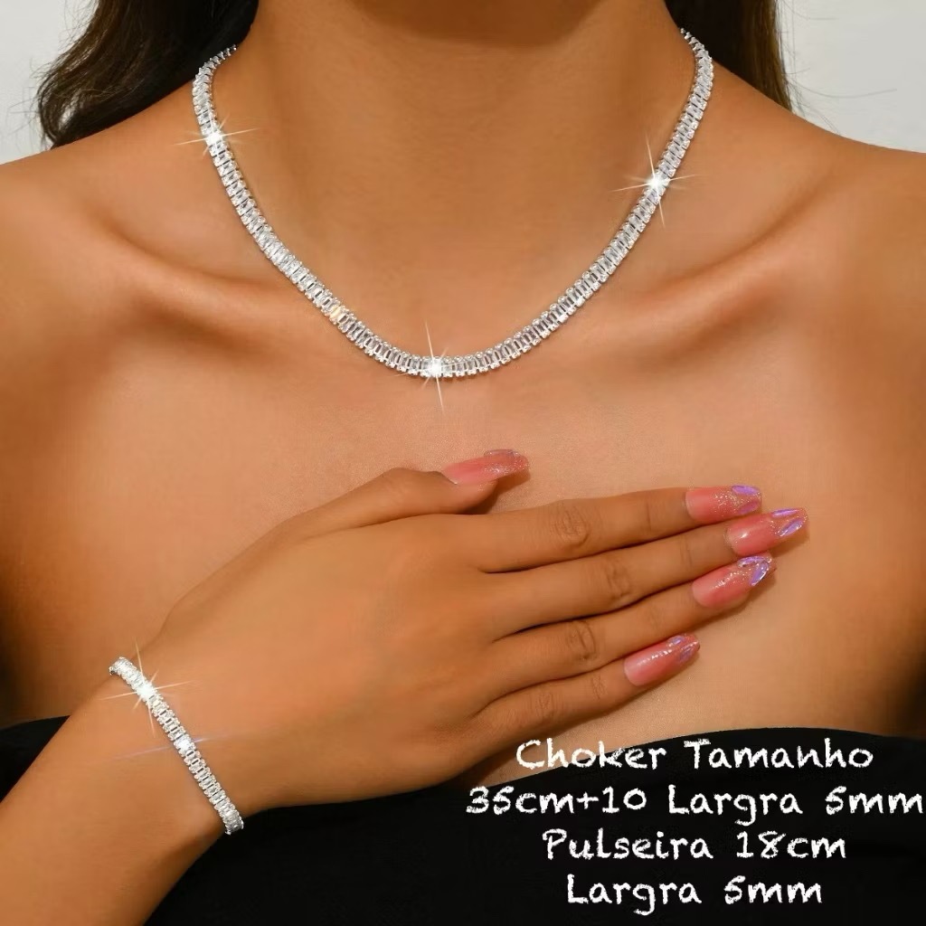 Kit Colar e Pulseira Baguete Zircônia  a Ouro 18K a prata 925 antialérgico em Oferta na Shopee
