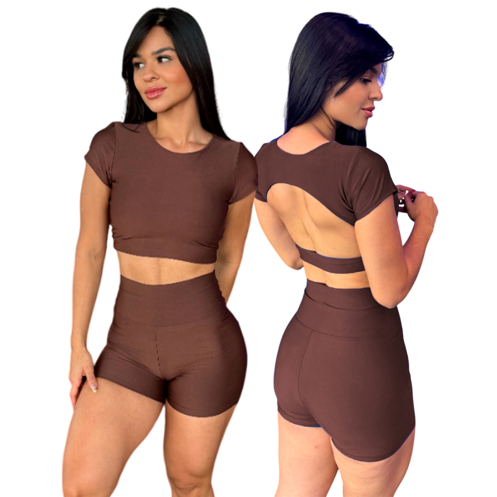 Conjunto Feminino Fitness Top Cropped Costa Aberta Short Zero Transparência Corrida Crossfit