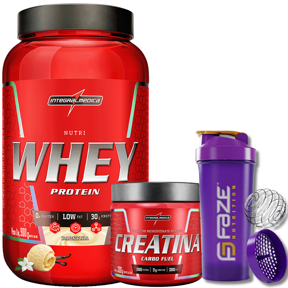 Kit Nutri Whey Pote 900g + Creatina CarboFuel 300g + Coqueteleira