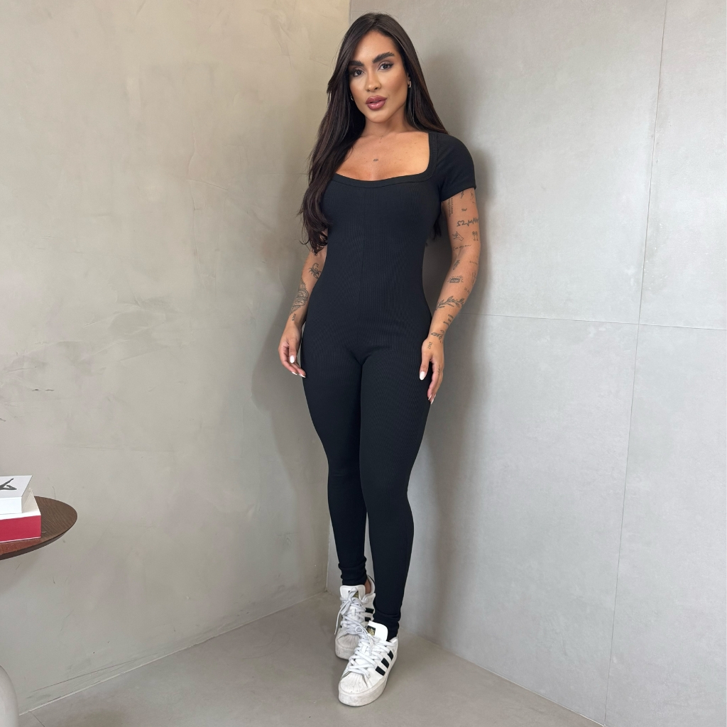 Macacão Manga Curta Virginia ZERO TRANSPARENCIA Balada Festa Inverno Preto e Nude