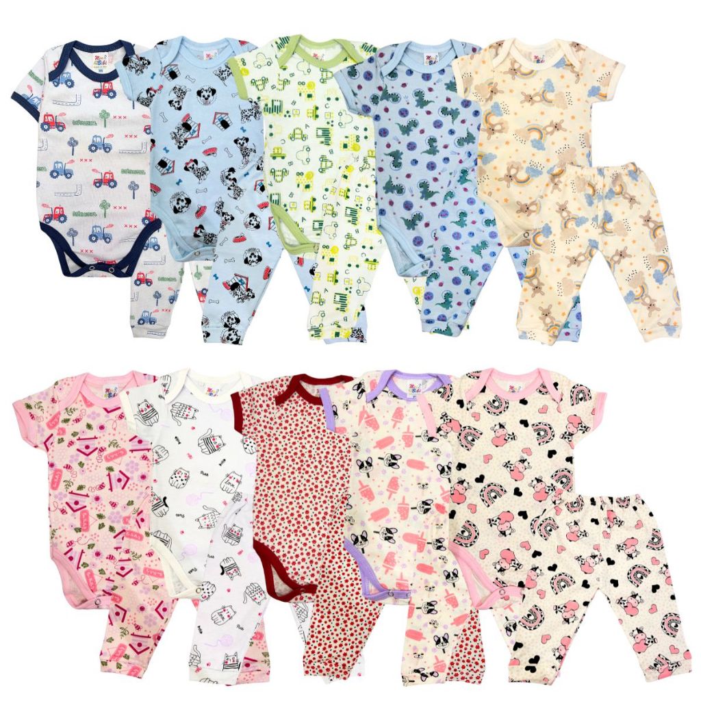Kit 4 Peças Conjunto de Bebê Body Manga Curta e Calça 100% Algodão Estampados Inafntil Menina Menino Sortidos