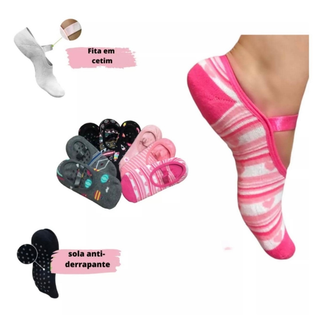 Imagem Kit 12 PARES Meia Sapatilha Antiderrapante Pilates YOGA Feminina Estampada/Lisa