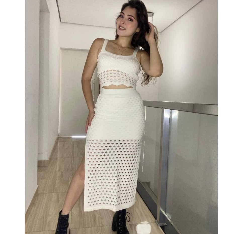 Conjunto Feminino Saia Midi com Forro e Cropped Tricot Modal Verão Praia Elegante Roupa Feminina