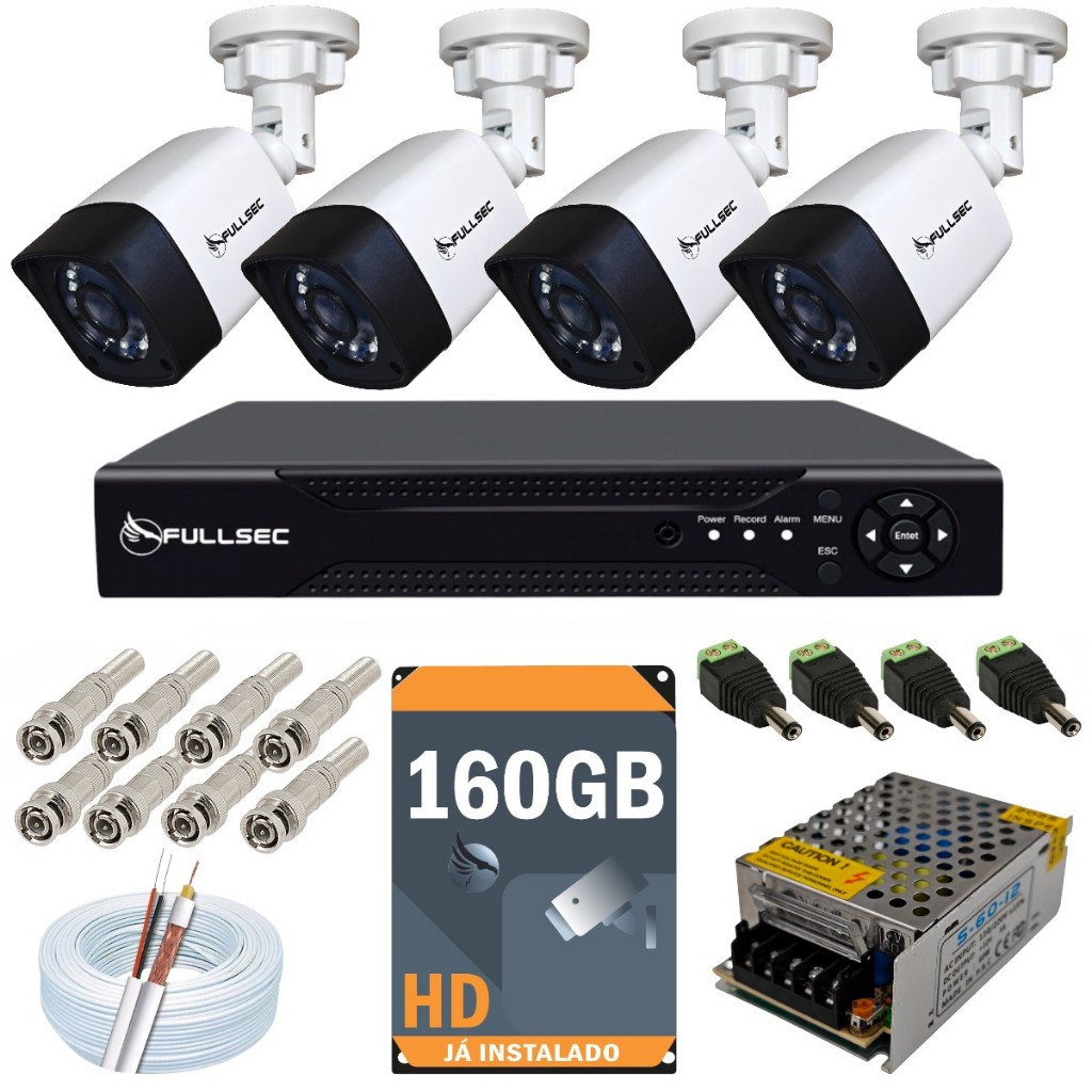 Kit 4 Câmeras de Segurança Fullsec 720p Dvr 4 Canais Completo Hd 160gb