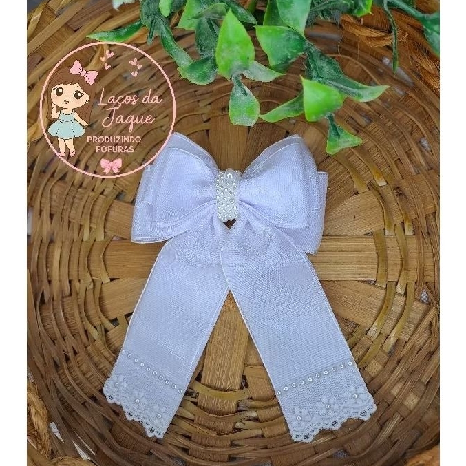 Laço Branco com Renda nas Pontas/Daminhas>Batizado em Oferta na Shopee