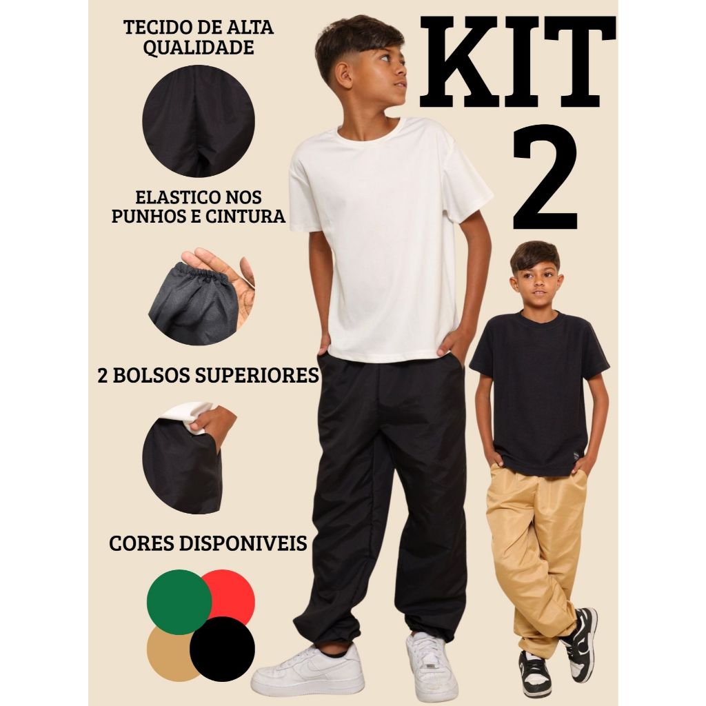 KIT 2 Calça Jogger Juvenil Tactel Lisa Confortável para Dia a Dia com 2 Bolso Faca Cós Elástico Resistente e Prático Top