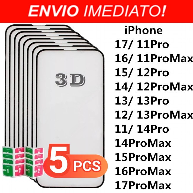 Kit 5 Película De Vidro Temperado 3D 9H Para iPhone 18 17 16 15 14 13 12 11 XR X 7/8 6S/15 16 17 18 PROMAX
