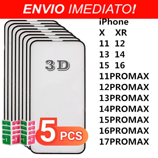 Kit 5 Película 3D Vidro Temperado Para Todos iPhone X XR 11 12 13 14 15 16 17 18 PROMAX