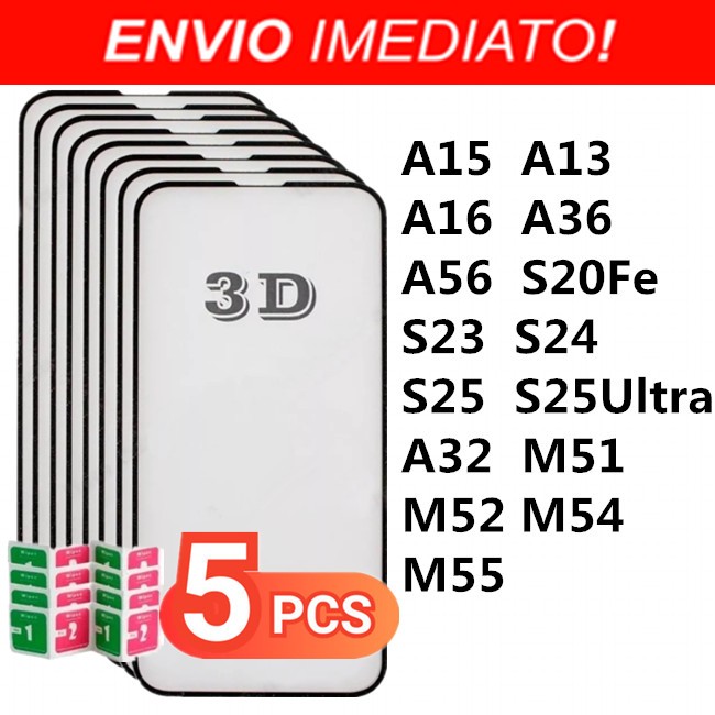 Kit com 5 PelículaS 3d para Toda linha Sams Galaxy A15 A13 A16 A36 A56 S20Fe S23