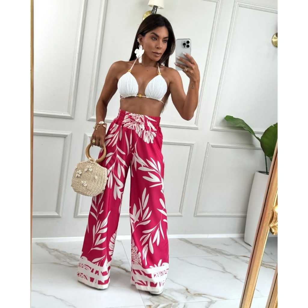 Calça pantalona, feminina, cintura alta, moda verão, confortável, elegante.