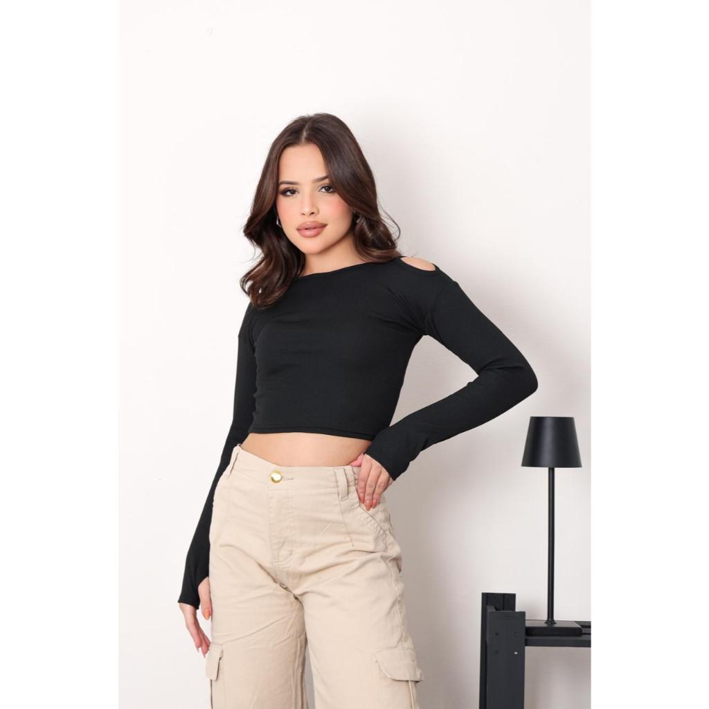 Blusa Cropped Juvenil Feminina Manga Longa com Recorte Ombro