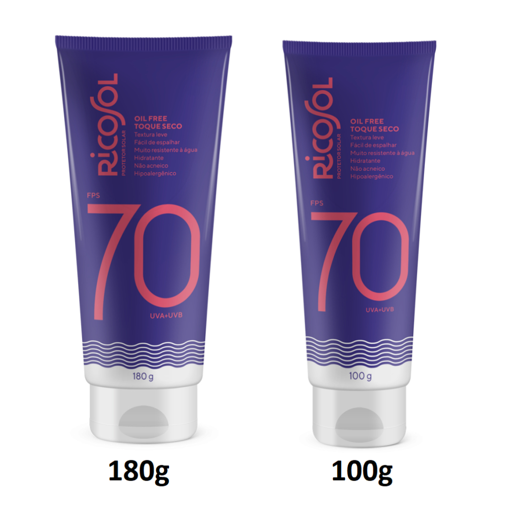 Ricosol Protetor Solar Toque Seco Oil-free FPS 70 Vegano 100g ou 180g em Oferta na Shopee