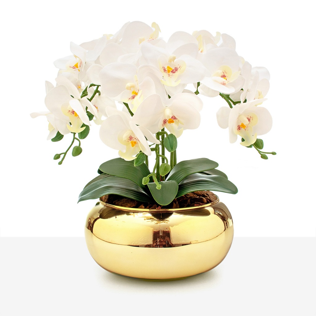 Arranjo Orquídea Silicone Toque Real 6 Hastes Vaso Vidro Dourado Espelhado em Oferta na Shopee