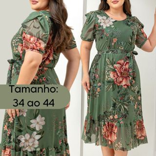 Vestido Midi Tule Estampado Plus Size Moda Evangelica Manga Bufante em Oferta na Shopee