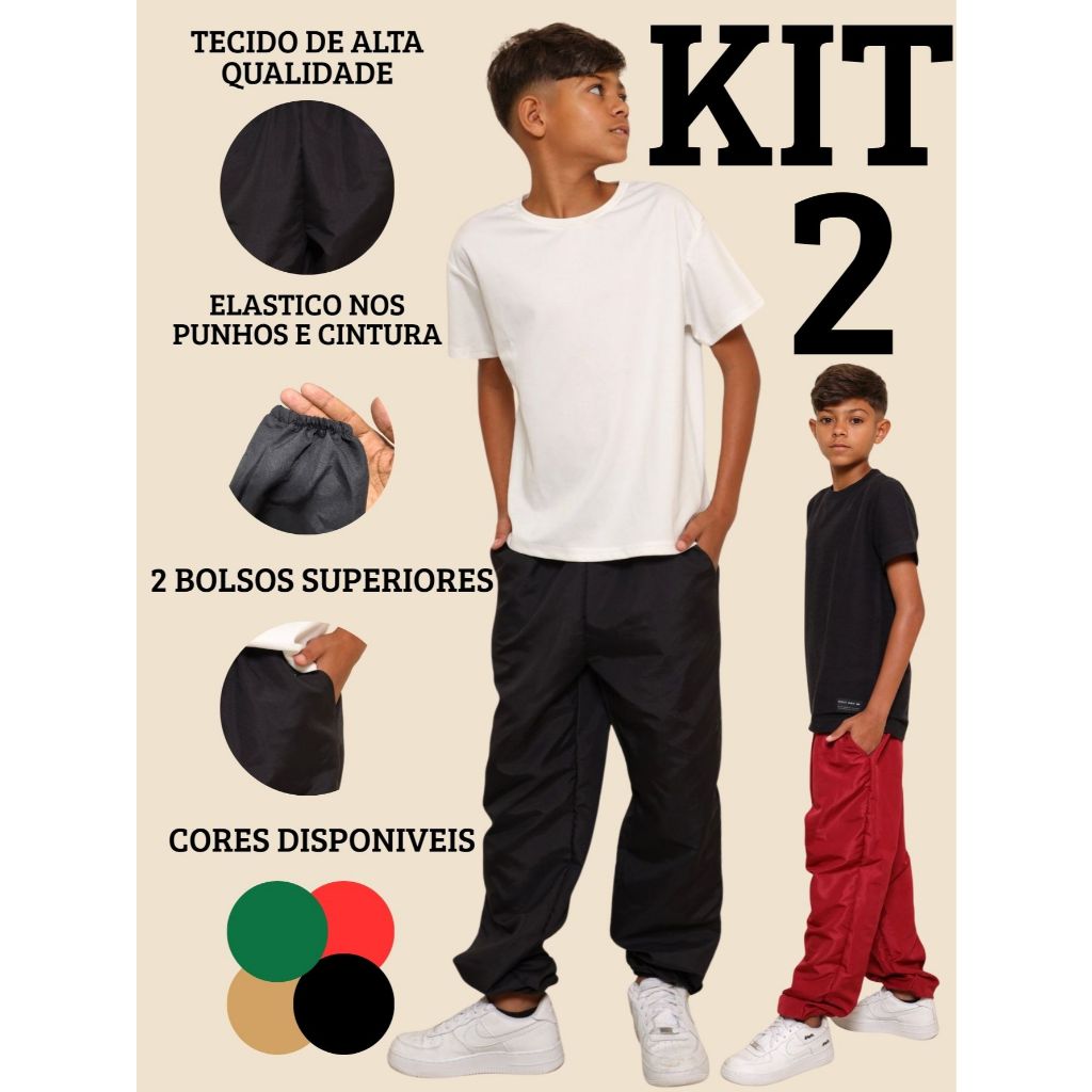 KIT 2 Calça Jogger Lisa Juvenil em Tecido Tactel Esportivo Unissex com Elástico na Cintura 2 Bolso Faca Confortáveis Top em Oferta na Shopee