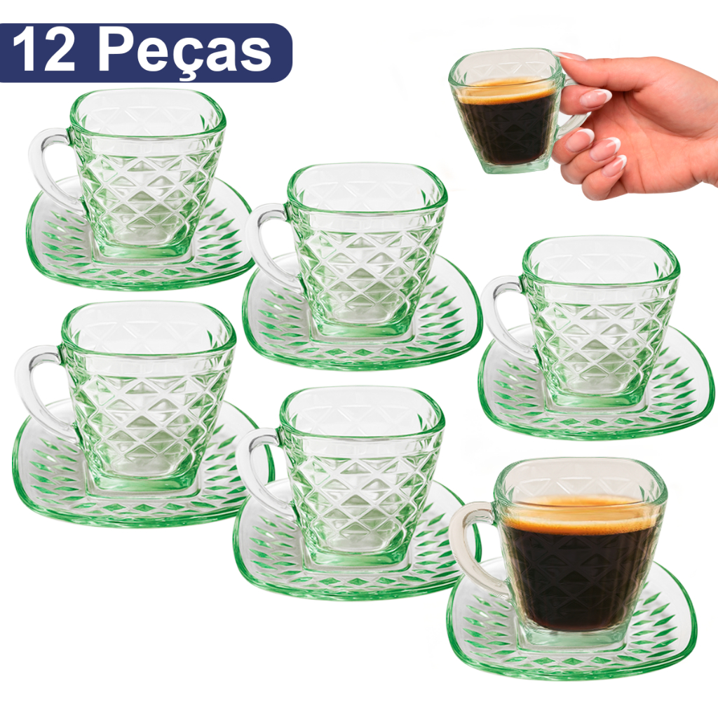 Kit Jogo 6 Xícaras de Chá e Café 200ml + 6 Pires Piazza Vidro Jogo Completo Elegante