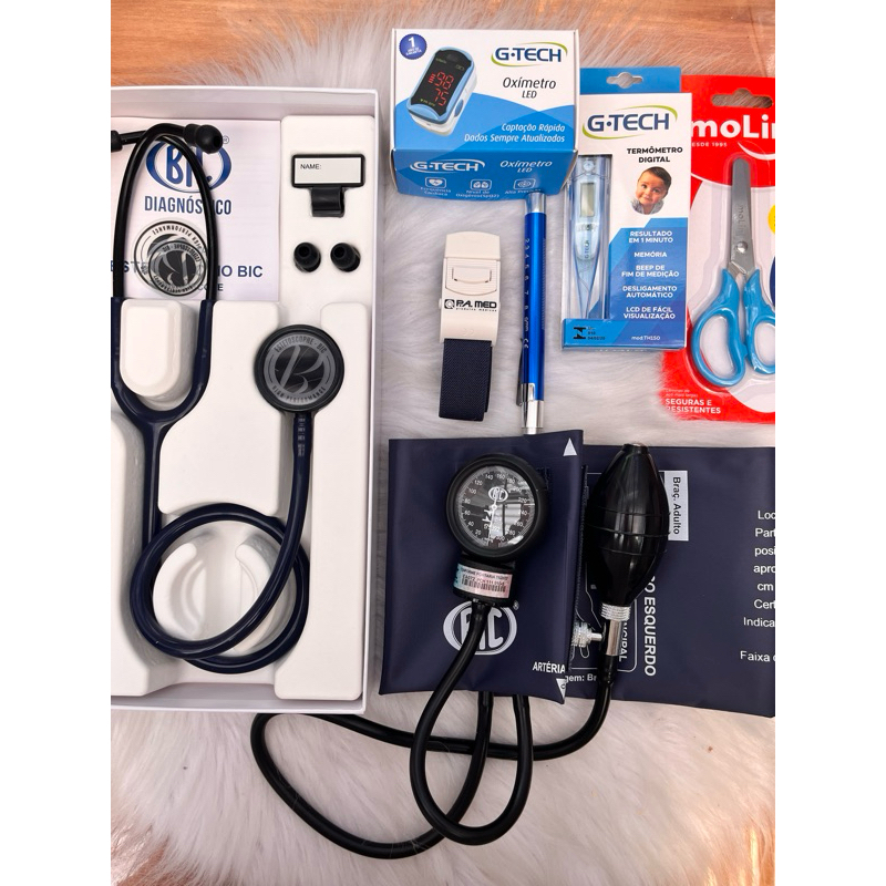 kit Enfermagem/Saúde BIC azul estetoscópio Eternity+ esfigmomanômetro bic+ oxímetro azul GTech