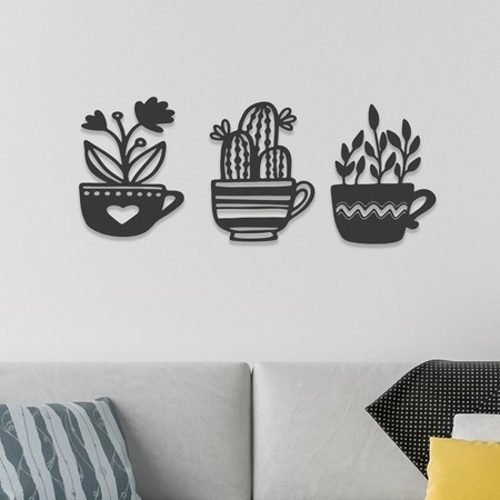 Quadro Decorativo para salas e cozinhas Cactos Xícaras MDF 3mm Preto Fosco