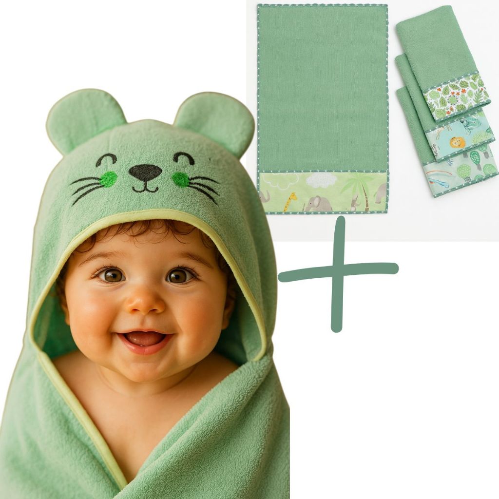 Toalha de Banho Para Bebe com Capuz Orelha Kit 3 Fralda Boca Ombro Enxoval Menina Menino Verde