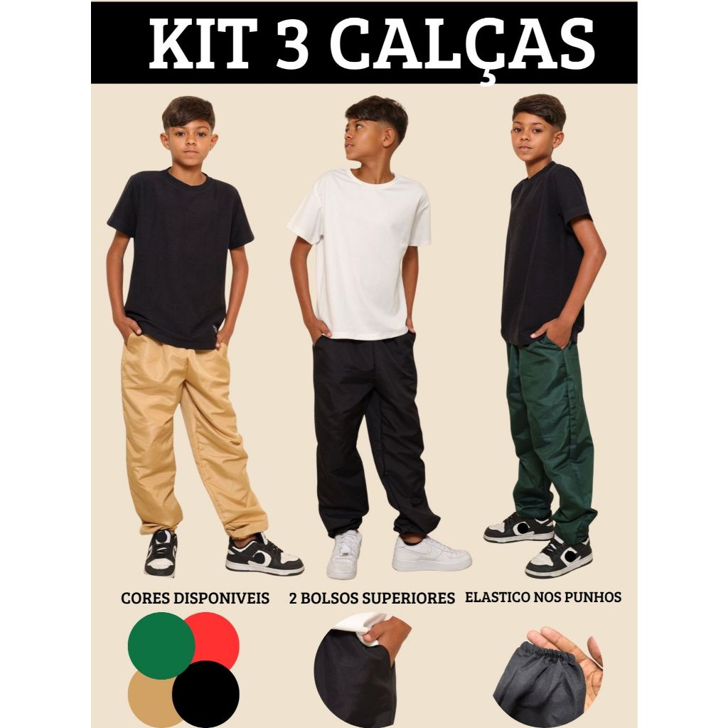 KIT 3 Jogger Tactel Juvenil Lisa Unissex Moderna com 2 Bolsos Faca Cós Elástico Ajustável Leve e Confortável para Usar