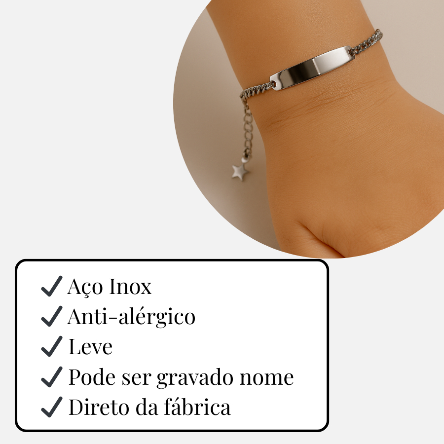 Pulseira Infantil de Aço Inox Chapa Personalizável Resistente - 14cm c/extensor para gravar o nome+BRINDE-ENVIO IMEDIATO