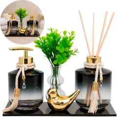 Kit Lavabo Banheiro Luxo Porta Sabonete Aromatizador Vidro Rubi Saboneteira C/ Bandeja