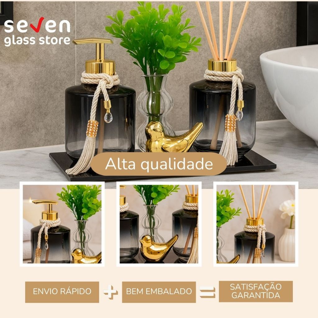 Kit Lavabo Banheiro Luxo Porta Sabonete Aromatizador Vidro Rubi Saboneteira C/ Bandeja