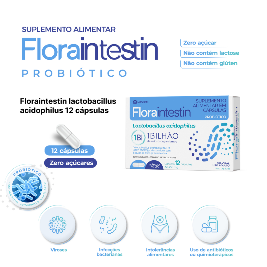 KIT 3x Floraintestin Probiótico 1 Bilhões Lactobacillus 12 cápsulas - Massime