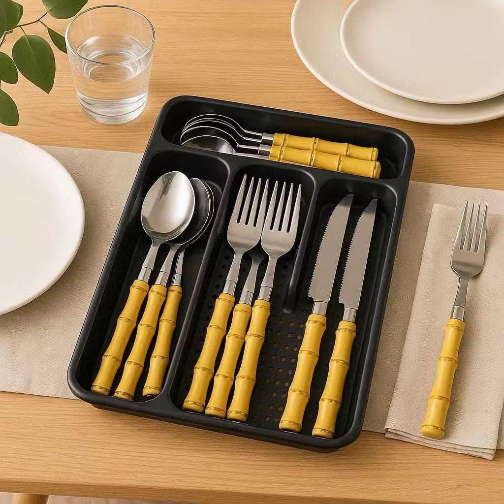 Faqueiro Inox com Cabo Bambu – 17 Peças + Organizador de Gaveta