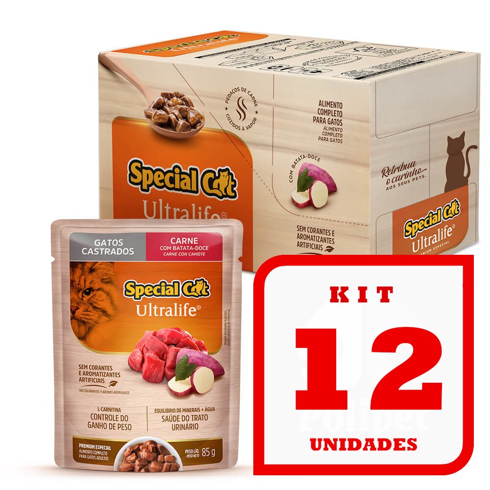 Kit com 12 Sachê Special Cat Gatos Adulto Castr 12x85G Carne