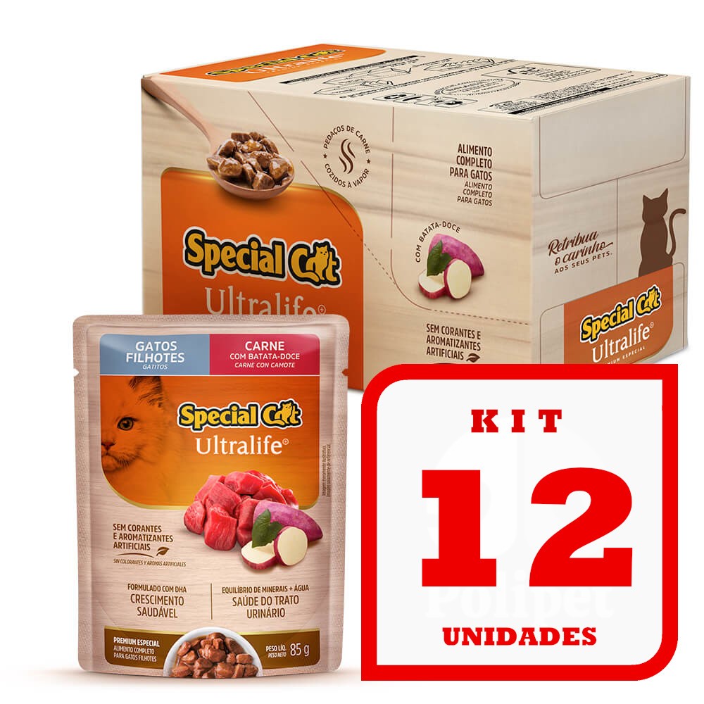 Kit com 12 Sachês Special Cat Gatos Filhotes 12x85g Carne