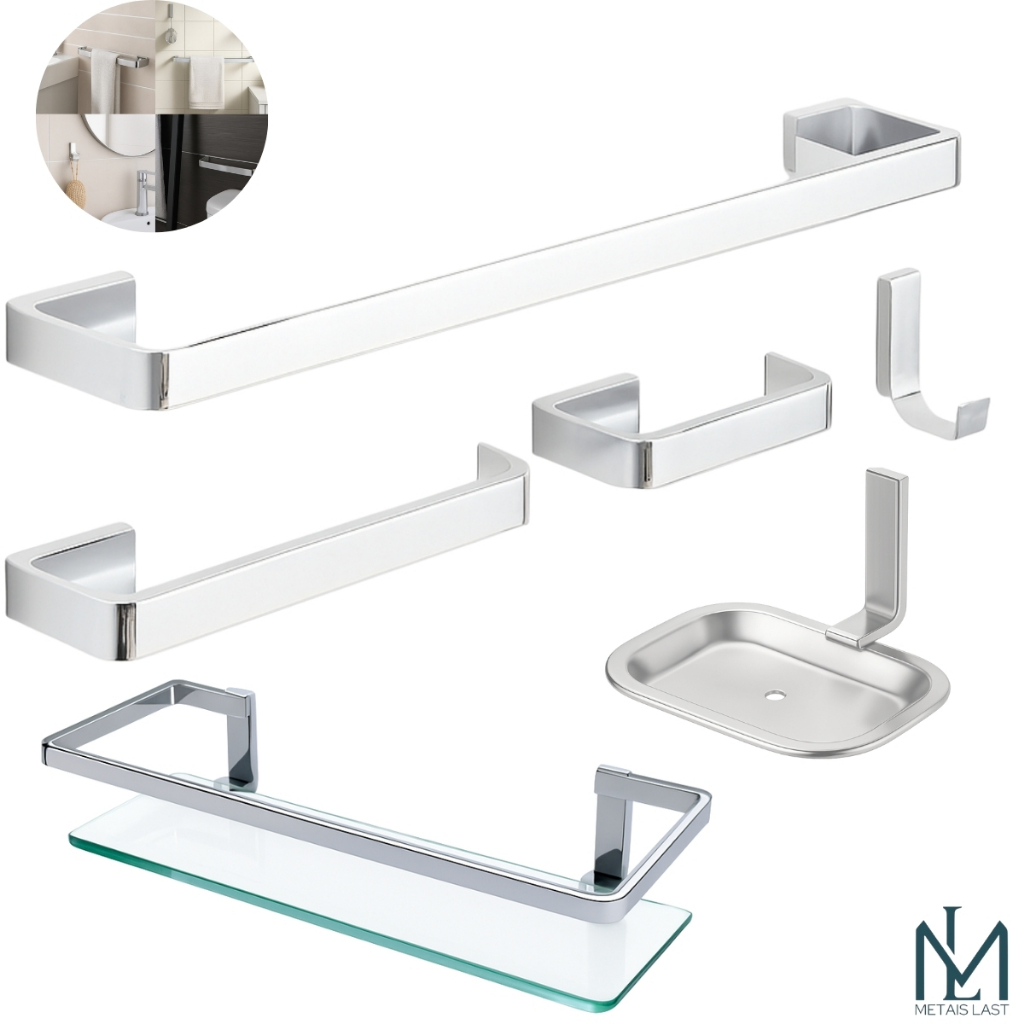 Kit Acessorios Para Banheiro Alumínio Quadrado 5 Peças Cromado + Porta Shampoo Reto Vidro em Oferta na Shopee