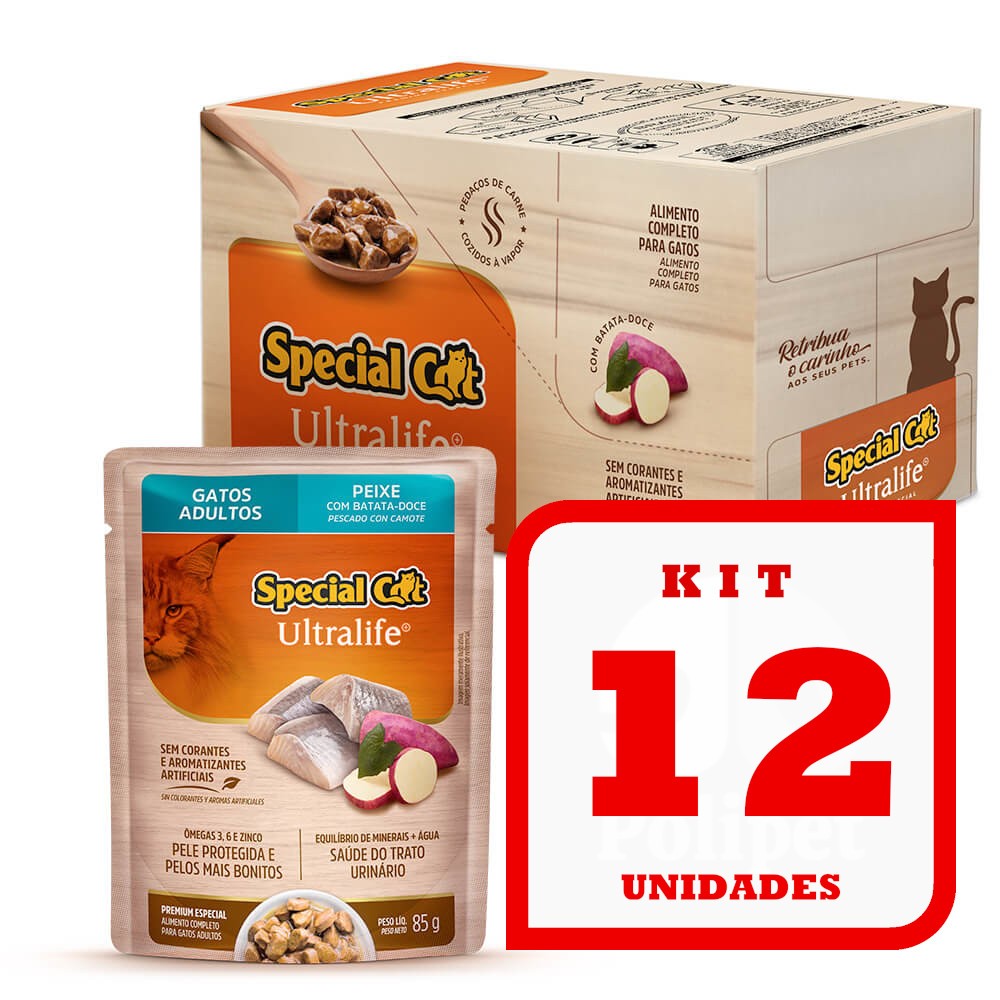Kit com 12 Sachê Special Cat Gatos Adultos Peixe Batata Doce 85g