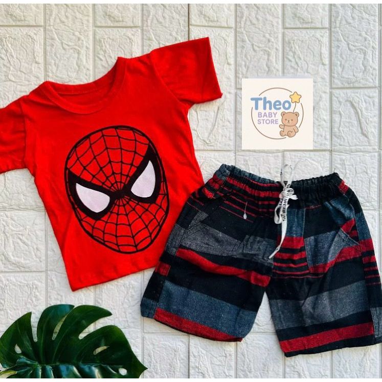 Conjunto Infantil Homem Aranha Camiseta + Bermuda Menino Aniversário Bebê Herói Masculino Shorts Personagem 6 a 12 Meses