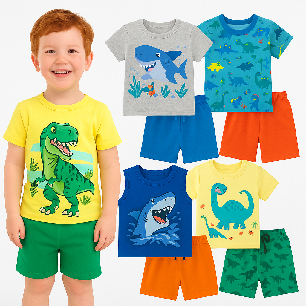 Kit Sortido 4 Peças De Roupas Menino- 2 Camisetas + 2 Bermudas - Conjunto de Verão Masculino- Kit com 2 ou 1 Conjuntos em Oferta na Shopee